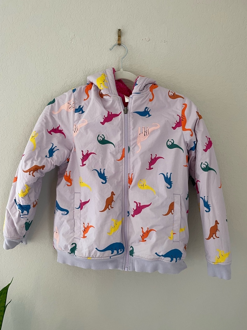 Hanna Andersson Reversible Girls Purple Dinosaur Sherpa Jacket Hoodie Size 10